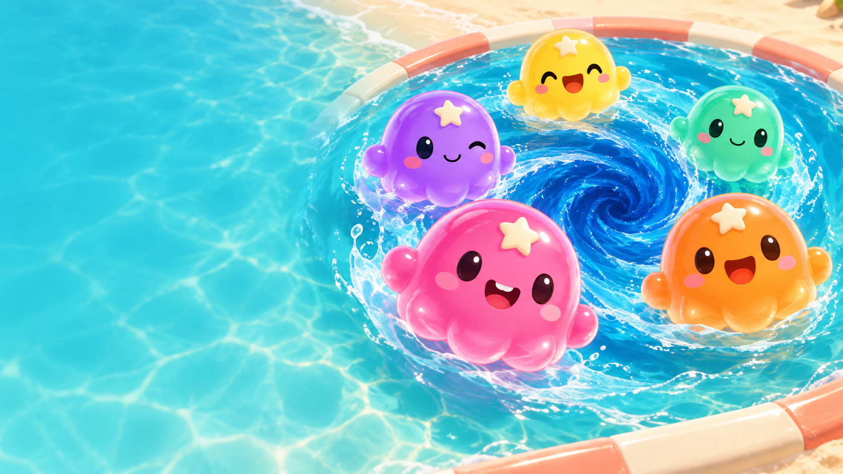 Five bright jelly characters swirling around a blue vortex in a sunny beach pool